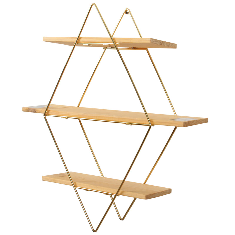 Decorative Mounted Wall Shelf. 3 Tier Prism Unit Rack. (Gold Metal & Solid Wood)