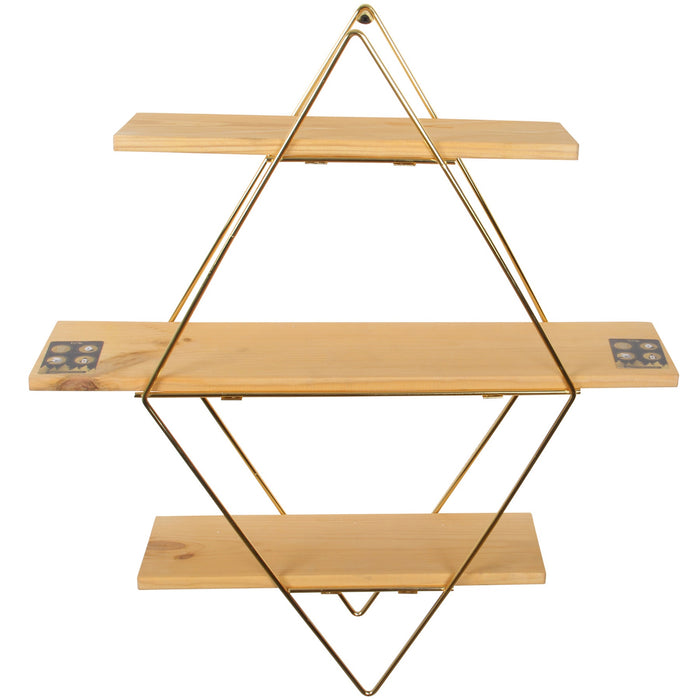 Decorative Mounted Wall Shelf. 3 Tier Prism Unit Rack. (Gold Metal & Solid Wood)