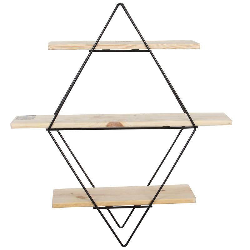 Decorative Mounted Wall Shelf. 3 Tier Prism Unit Rack. (Black Metal & Solid Wood)