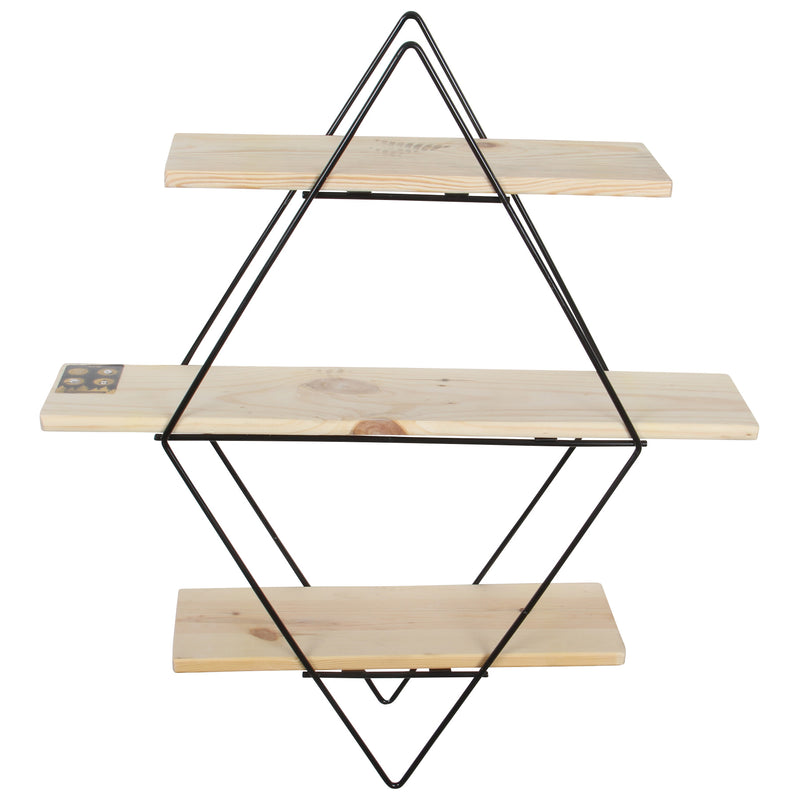 Decorative Mounted Wall Shelf. 3 Tier Prism Unit Rack. (Black Metal & Solid Wood)