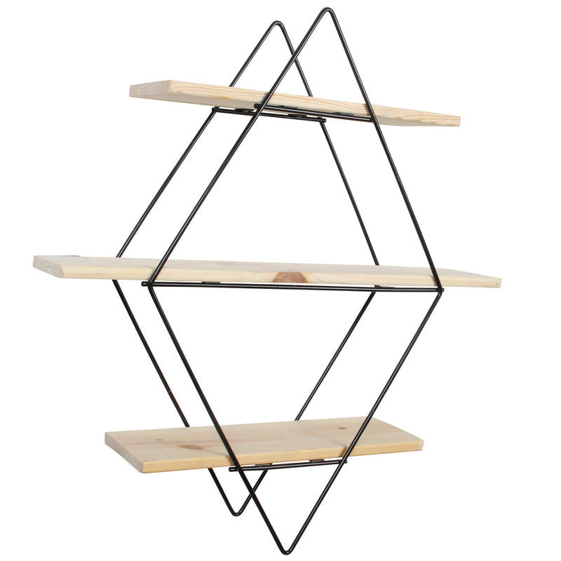 Decorative Mounted Wall Shelf. 3 Tier Prism Unit Rack. (Black Metal & Solid Wood)