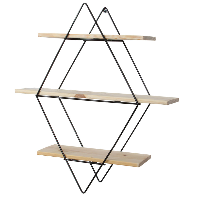 Decorative Mounted Wall Shelf. 3 Tier Prism Unit Rack. (Black Metal & Solid Wood)
