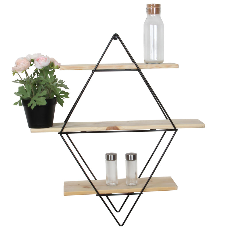 Decorative Mounted Wall Shelf. 3 Tier Prism Unit Rack. (Black Metal & Solid Wood)