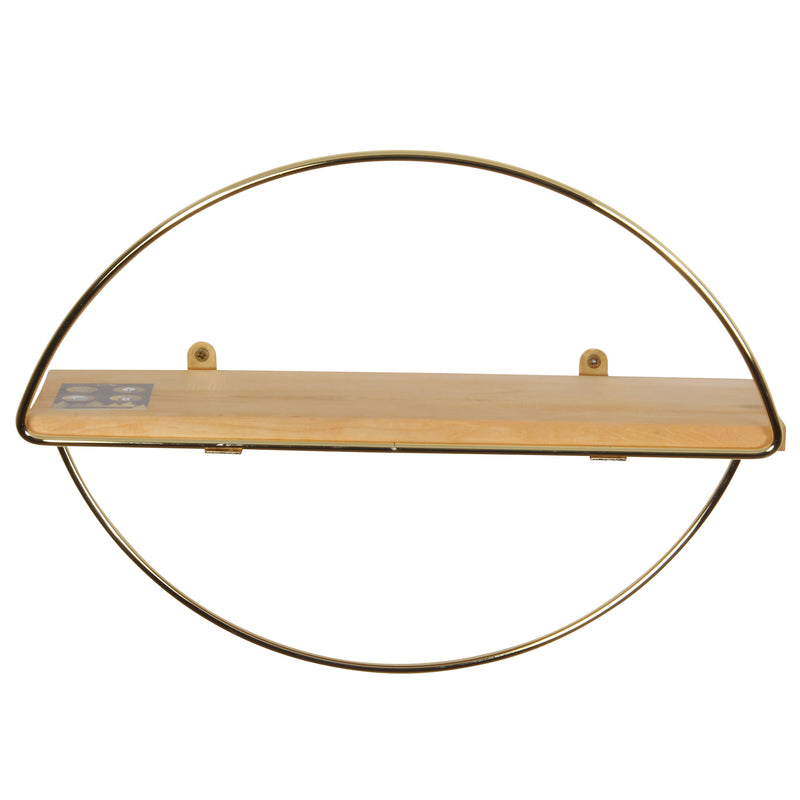 Decorative Mounted Wall Shelf. Ellipse Shape Unit Rack. (Single) (Gold Metal & Solid Wood)