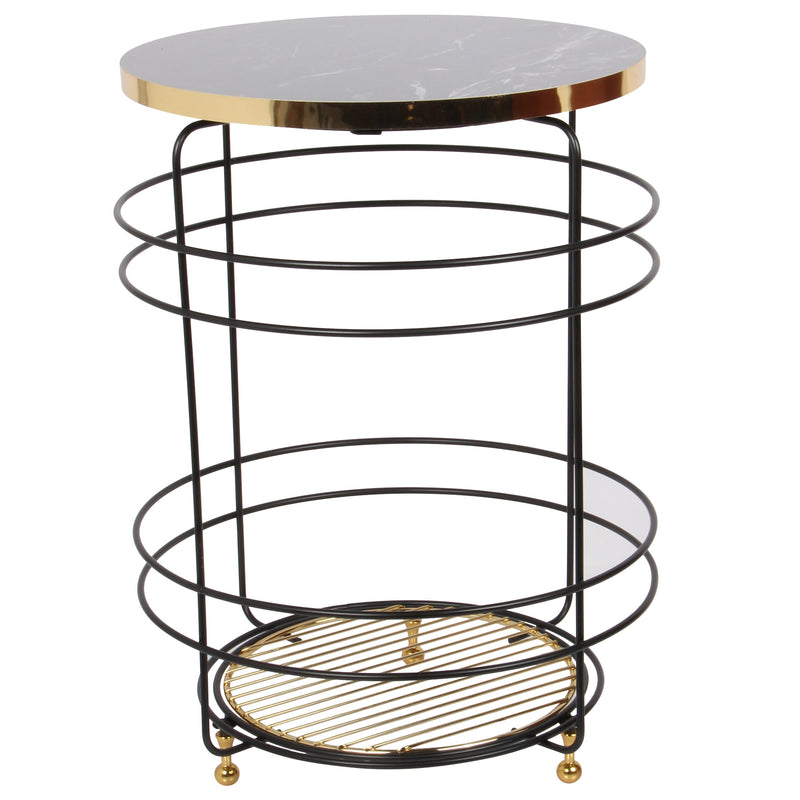 Luxury Marble Pattern 2 Tier Round Coffee Side Table. (L: 40 cm) (Black & Gold).