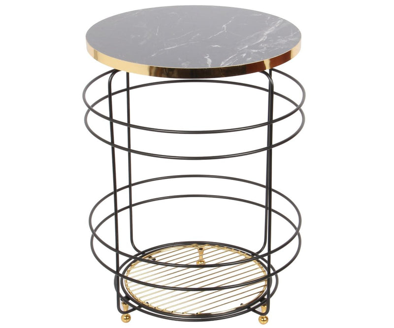 Luxury Marble Pattern 2 Tier Round Coffee Side Table. (L: 40 cm) (Black & Gold).