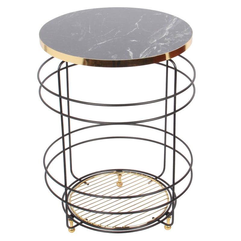 Luxury Marble Pattern 2 Tier Round Coffee Side Table. (L: 40 cm) (Black & Gold).