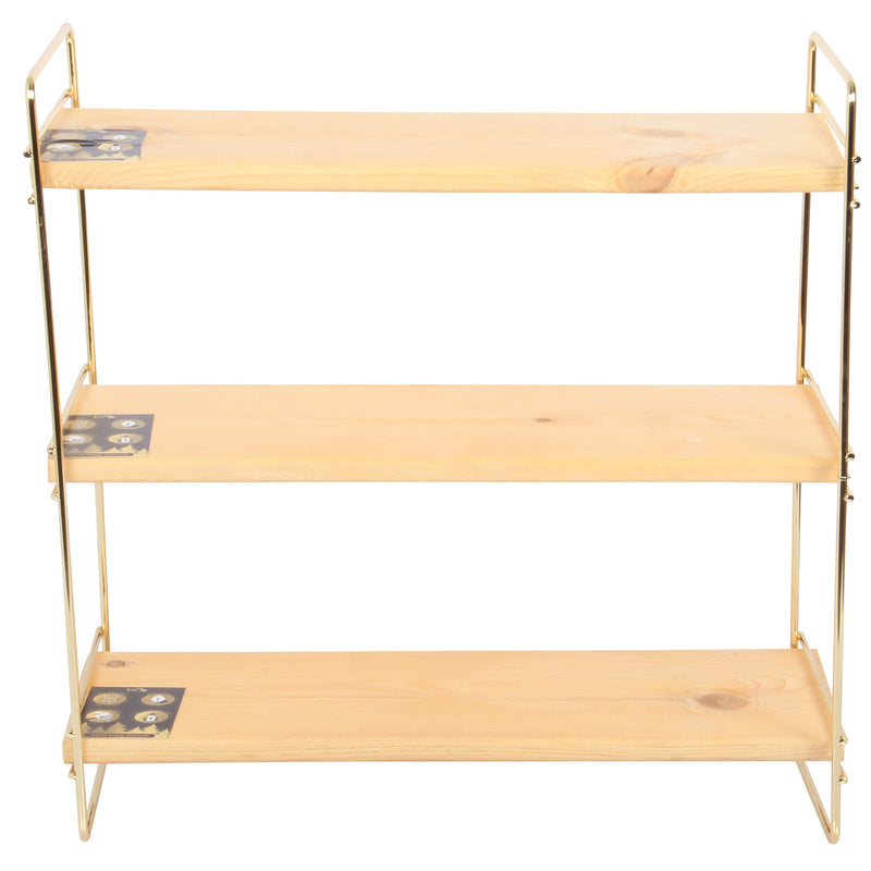3 Tier Rectangle Table Stand. Stylish Serving Shelves. (Gold Metal & Solid Wood)