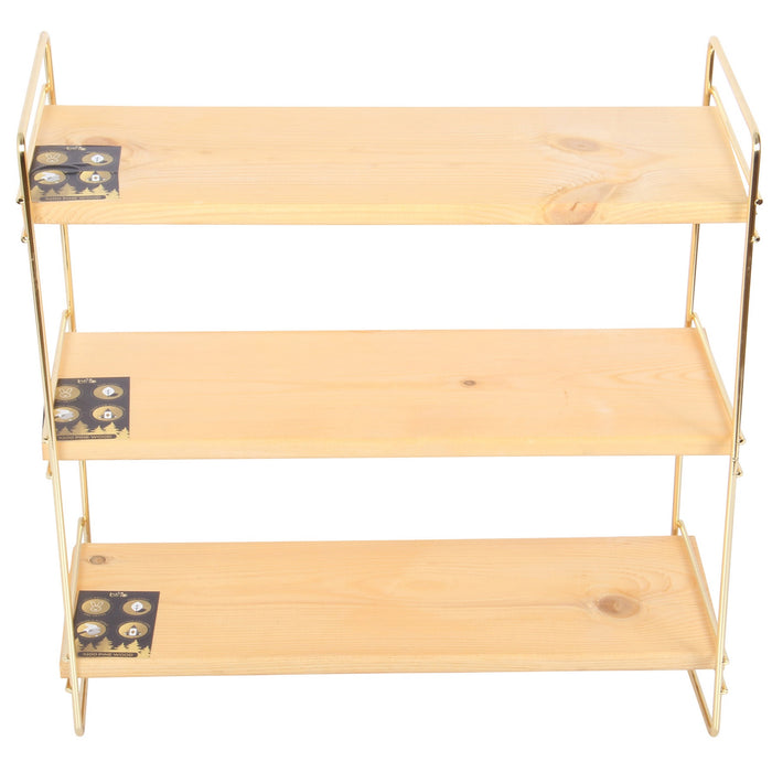 3 Tier Rectangle Table Stand. Stylish Serving Shelves. (Gold Metal & Solid Wood)
