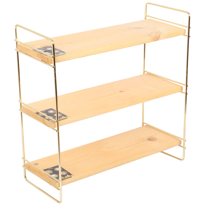 3 Tier Rectangle Table Stand. Stylish Serving Shelves. (Gold Metal & Solid Wood)