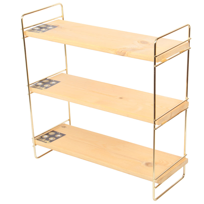 3 Tier Rectangle Table Stand. Stylish Serving Shelves. (Gold Metal & Solid Wood)