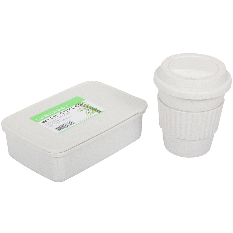 Lunch Box with Cutlery. Coffee Hot Drink Cup. Reusable Lunch Box Set. (White)