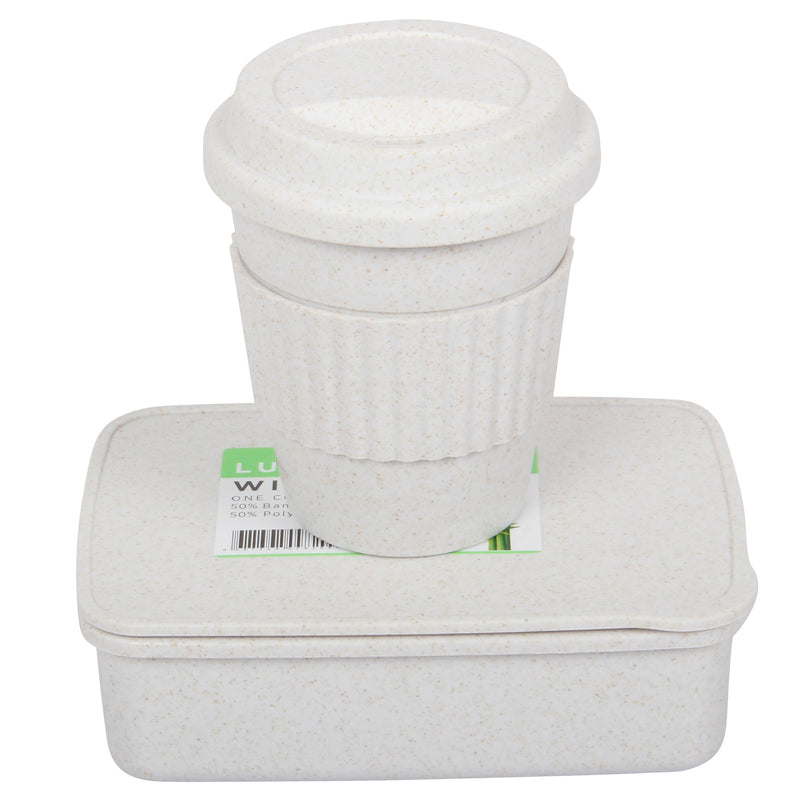 Lunch Box with Cutlery. Coffee Hot Drink Cup. Reusable Lunch Box Set. (White)