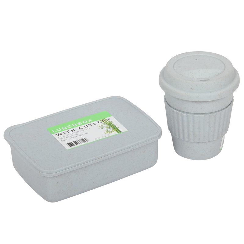 Lunch Box with Cutlery. Coffee Hot Drink Cup. Reusable Lunch Box Set. (Grey)