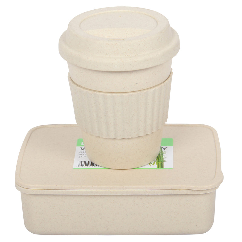 Lunch Box with Cutlery. Coffee Hot Drink Cup. Reusable Lunch Box Set. (Beige)