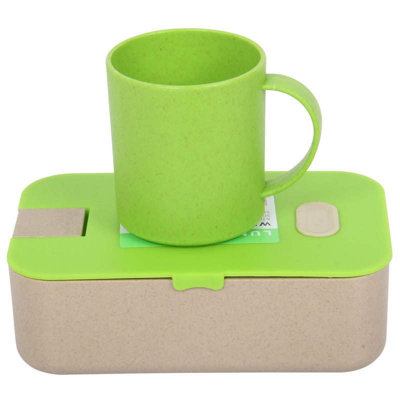 Lunch Box Set. Bamboo Reusable Lunch Box with Mug. (Green)