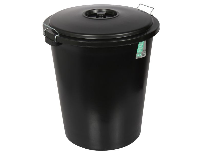 90L Heavy Duty Garden Rubbish Refuse Bin. Metal Handles with Clip Lid. (Black)