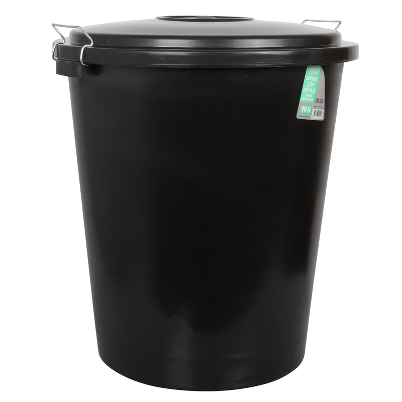 90L Heavy Duty Garden Rubbish Refuse Bin. Metal Handles with Clip Lid. (Black)
