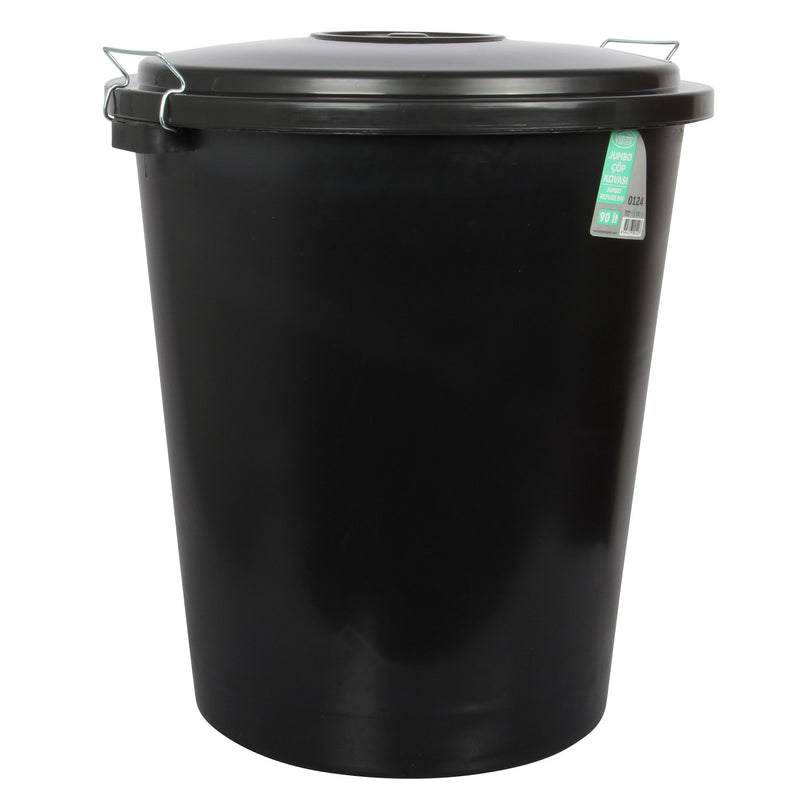 2x 90L Heavy Duty Garden Rubbish Refuse Bin. Metal Handles with Clip Lid. (Black)