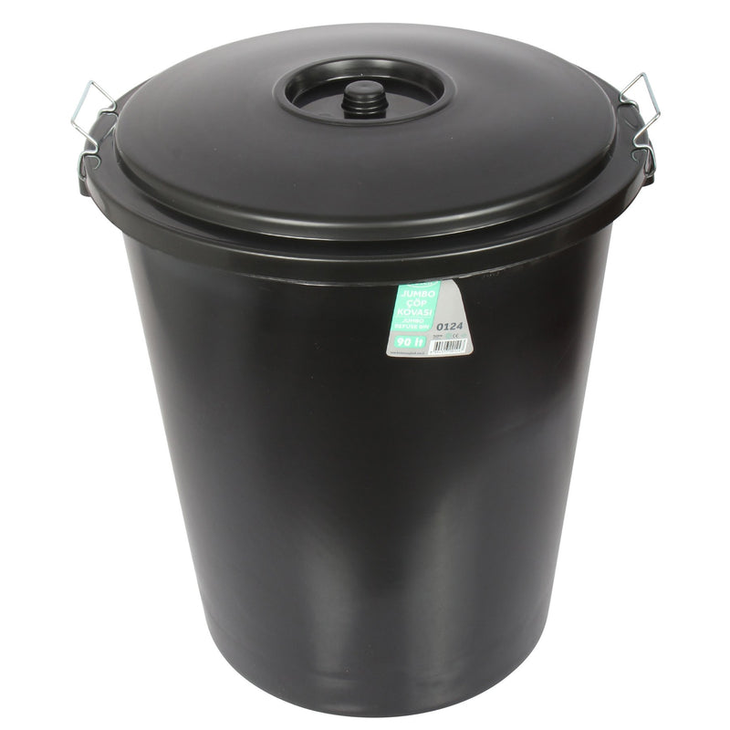 2x 90L Heavy Duty Garden Rubbish Refuse Bin. Metal Handles with Clip Lid. (Black)