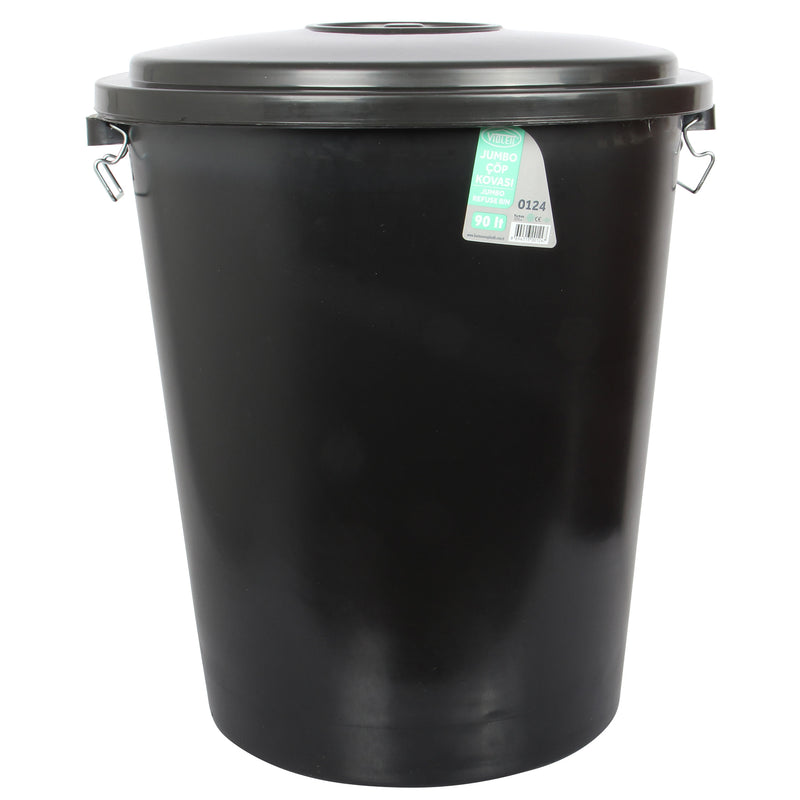90L Heavy Duty Garden Rubbish Refuse Bin. Metal Handles with Clip Lid. (Black)