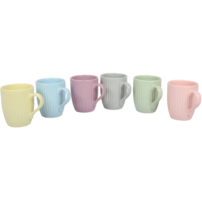 Stoneware Tea Coffee Cups. Coloured Lined Style Mugs. (Pack of 6) (300 cc/ml)