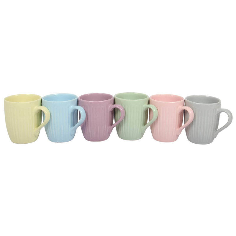 Stoneware Tea Coffee Cups. Coloured Lined Style Mugs. (Pack of 6) (300 cc/ml)