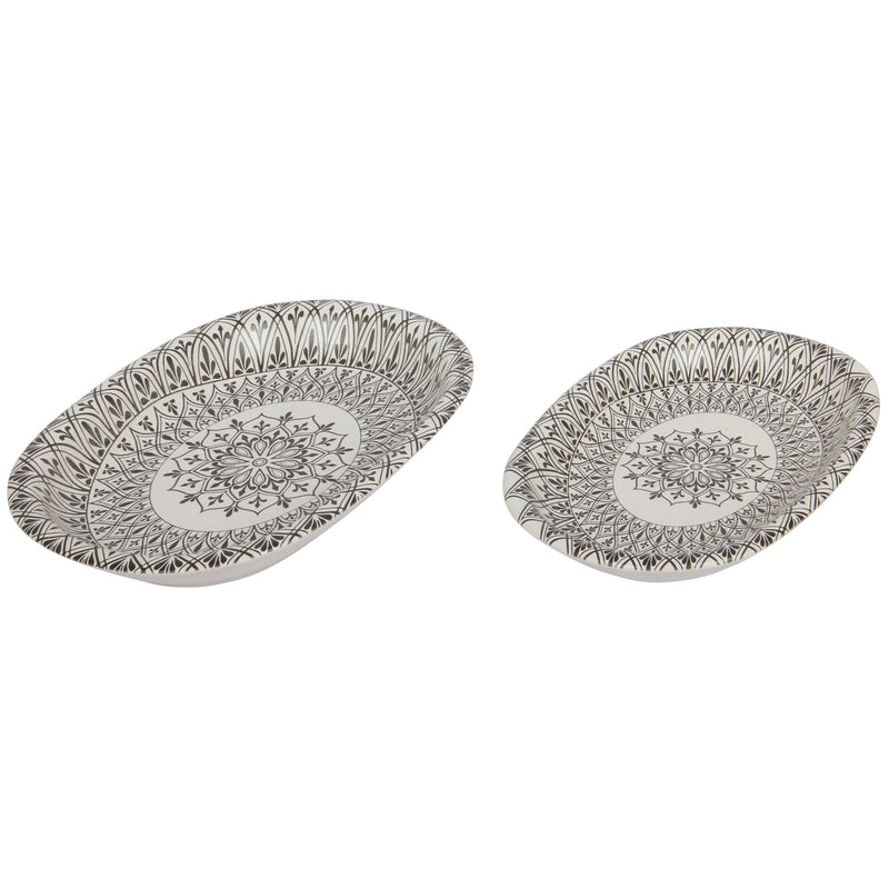 2 Different Sizes Stoneware Serving Platter. Salad Appetizer Dishes. Decorative Ethnic Theme. (Set of 2)