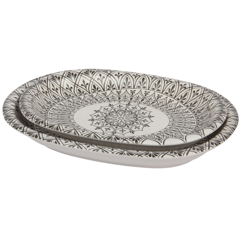 2 Different Sizes Stoneware Serving Platter. Salad Appetizer Dishes. Decorative Ethnic Theme. (Set of 2)
