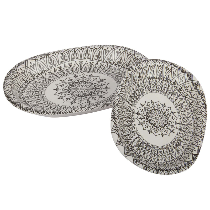 2 Different Sizes Stoneware Serving Platter. Salad Appetizer Dishes. Decorative Ethnic Theme. (Set of 4)