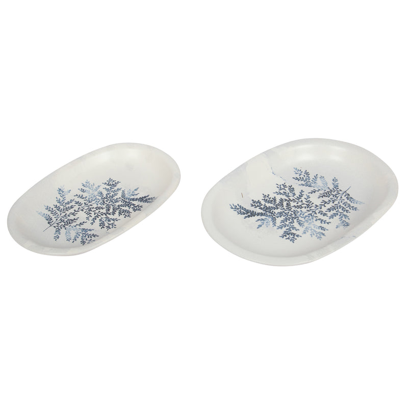 2 Different Sizes Stoneware Serving Platter. Salad Appetizer Dishes. Decorative Blue Flower Pattern. (Set of 2)
