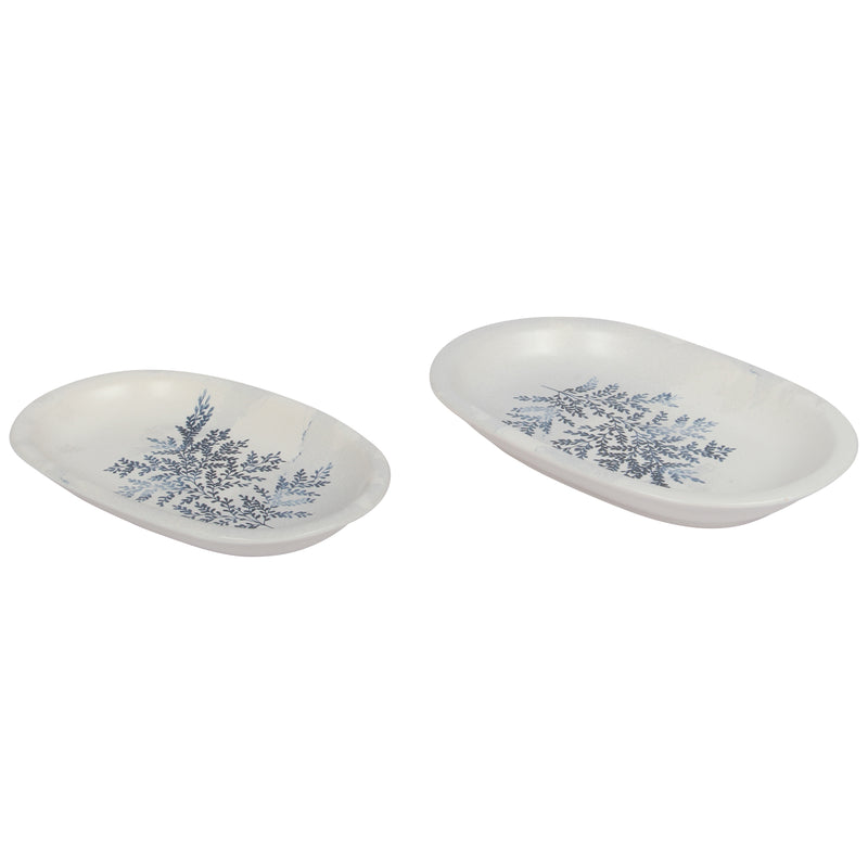 2 Different Sizes Stoneware Serving Platter. Salad Appetizer Dishes. Decorative Blue Flower Pattern. (Set of 2)
