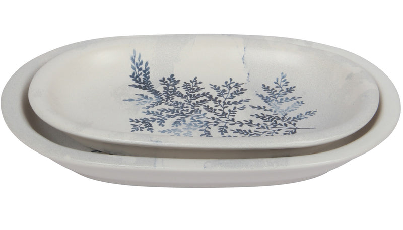 2 Different Sizes Stoneware Serving Platter. Salad Appetizer Dishes. Decorative Blue Flower Pattern. (Set of 2)