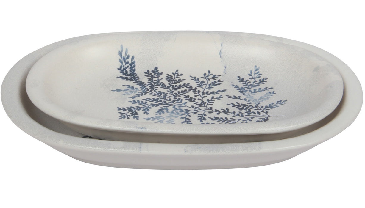2 Different Sizes Stoneware Serving Platter. Salad Appetizer Dishes. Decorative Blue Flower Pattern. (Set of 2)
