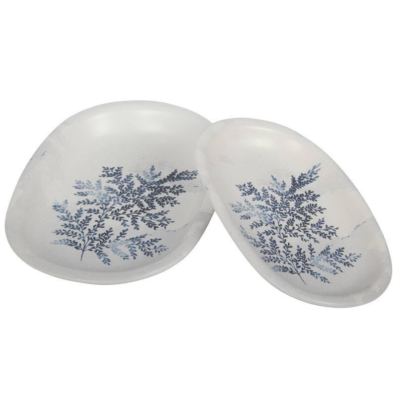 2 Different Sizes Stoneware Serving Platter. Salad Appetizer Dishes. Decorative Blue Flower Pattern. (Set of 2)