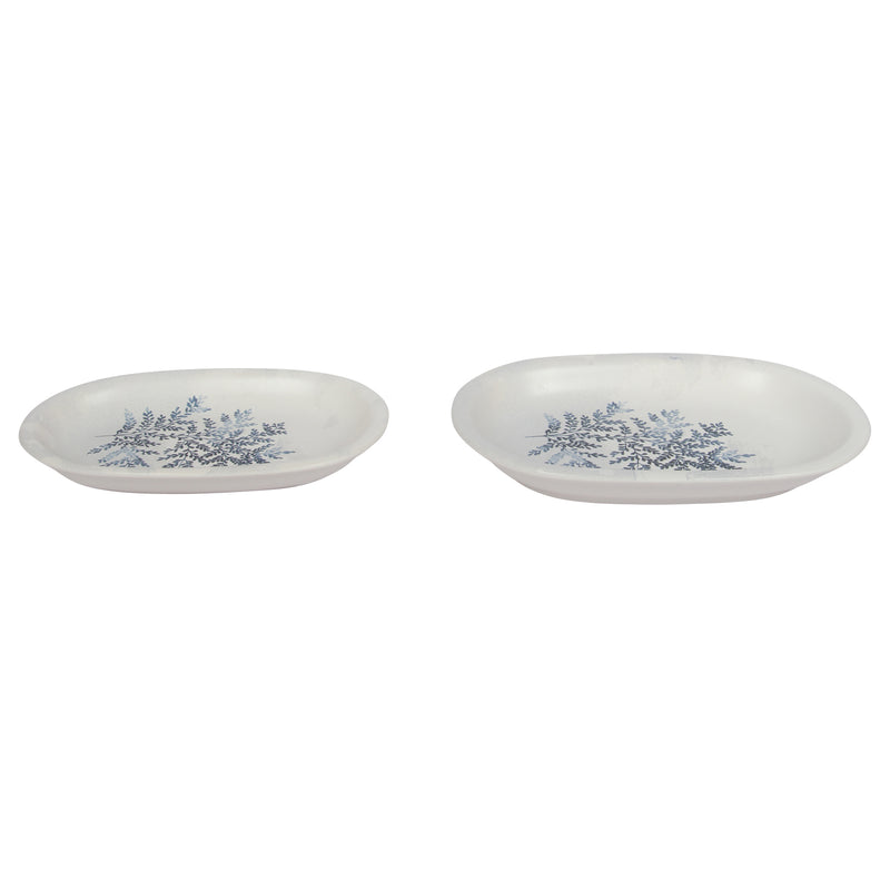 2 Different Sizes Stoneware Serving Platter. Salad Appetizer Dishes. Decorative Blue Flower Pattern. (Set of 2)