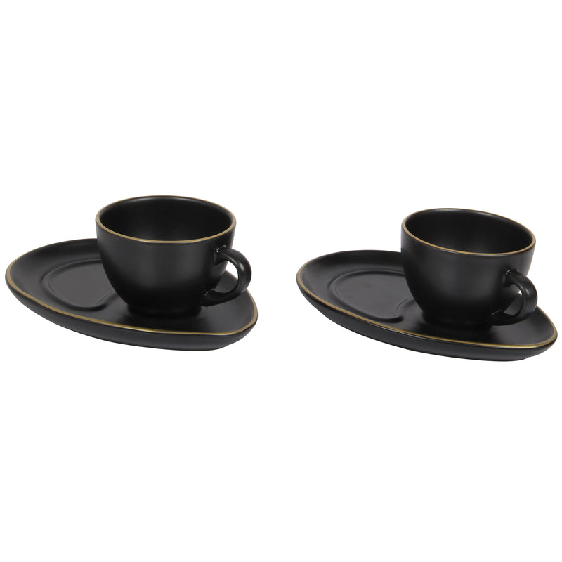 Coffee Cup & Snack Plate Set. Stoneware Matte Cups & Saucer. (Black) (Set of 2)