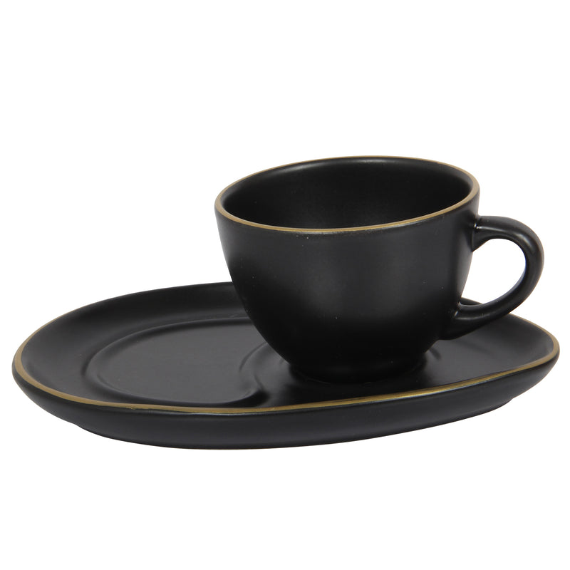 Coffee Cup & Snack Plate Set. Stoneware Matte Cups & Saucer. (Black) (Set of 2)