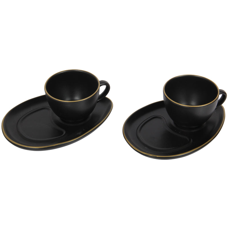 Coffee Cup & Snack Plate Set. Stoneware Matte Cups & Saucer. (Black) (Set of 2)