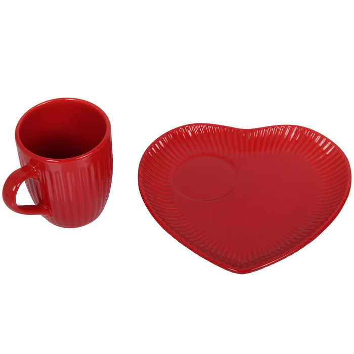 Coffee Cup & Snack Plate Set. Lined Cups. Heart Shaped Plate. Stoneware. (Red)
