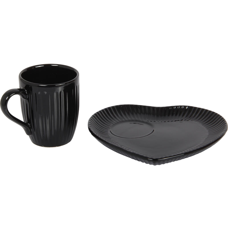Coffee Cup & Snack Plate Set. Lined Cups. Heart Shaped Plate. Stoneware. (Black)