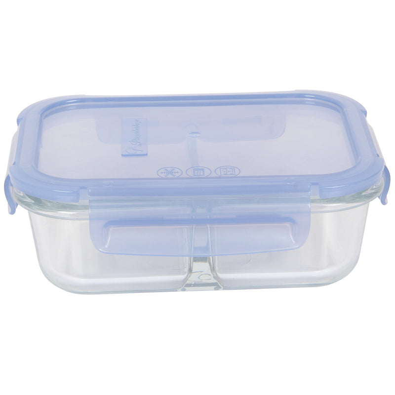 2 Compartment Glass Food Storage Containers with Lid. Blue. (Set of 2) (630 ml)