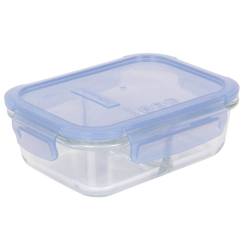 2 Compartment Glass Food Storage Containers with Lid. Blue. (Set of 4) (630 ml)