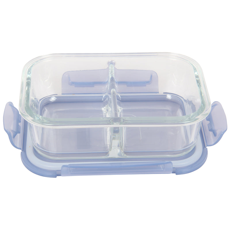 2 Compartment Glass Food Storage Containers with Lid. Blue. (Set of 4) (630 ml)