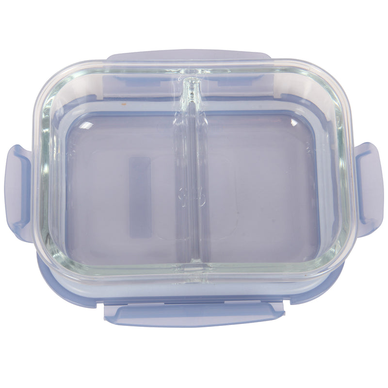 2 Compartment Glass Food Storage Containers with Lid. Blue. (Set of 2) (630 ml)