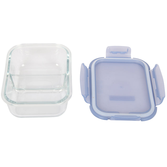 2 Compartment Glass Food Storage Containers with Lid. Blue. (Set of 4) (630 ml)