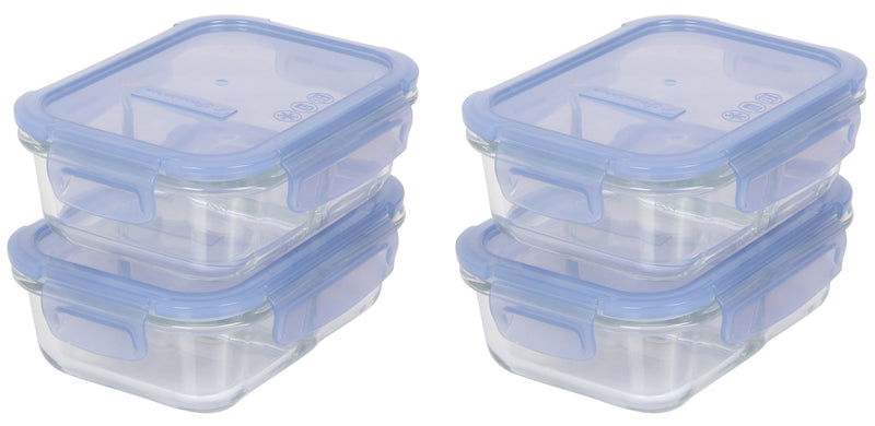 2 Compartment Glass Food Storage Containers with Lid. Blue. (Set of 4) (630 ml)