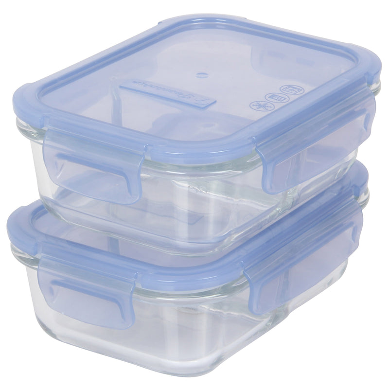 2 Compartment Glass Food Storage Containers with Lid. Blue. (Set of 2) (630 ml)