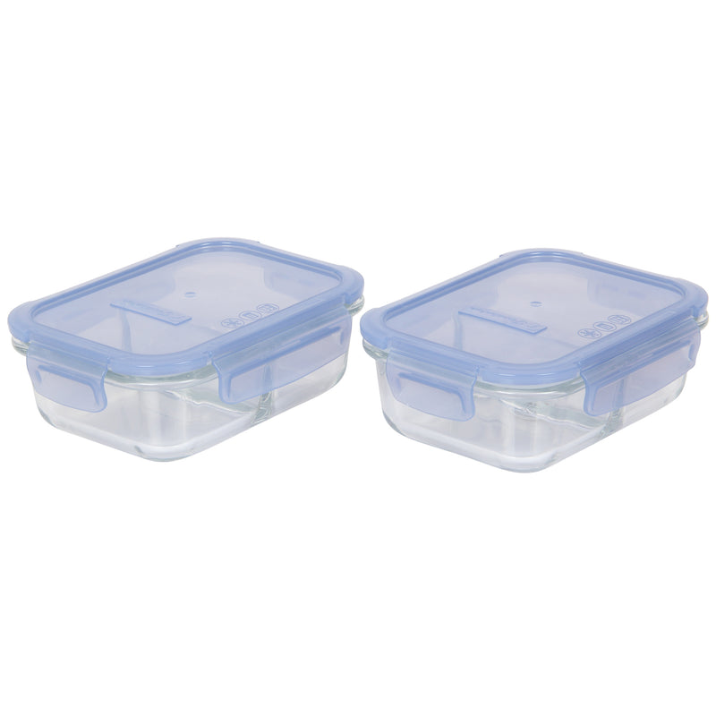 2 Compartment Glass Food Storage Containers with Lid. Blue. (Set of 2) (630 ml)