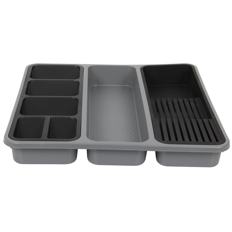 Large Cutlery Tray. 6 Compartments Kitchen Drawer Organiser. (Black & Grey)